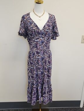 Max Studio Floral Smocked Waist Flutter Sleeve Midi Dress Size Large